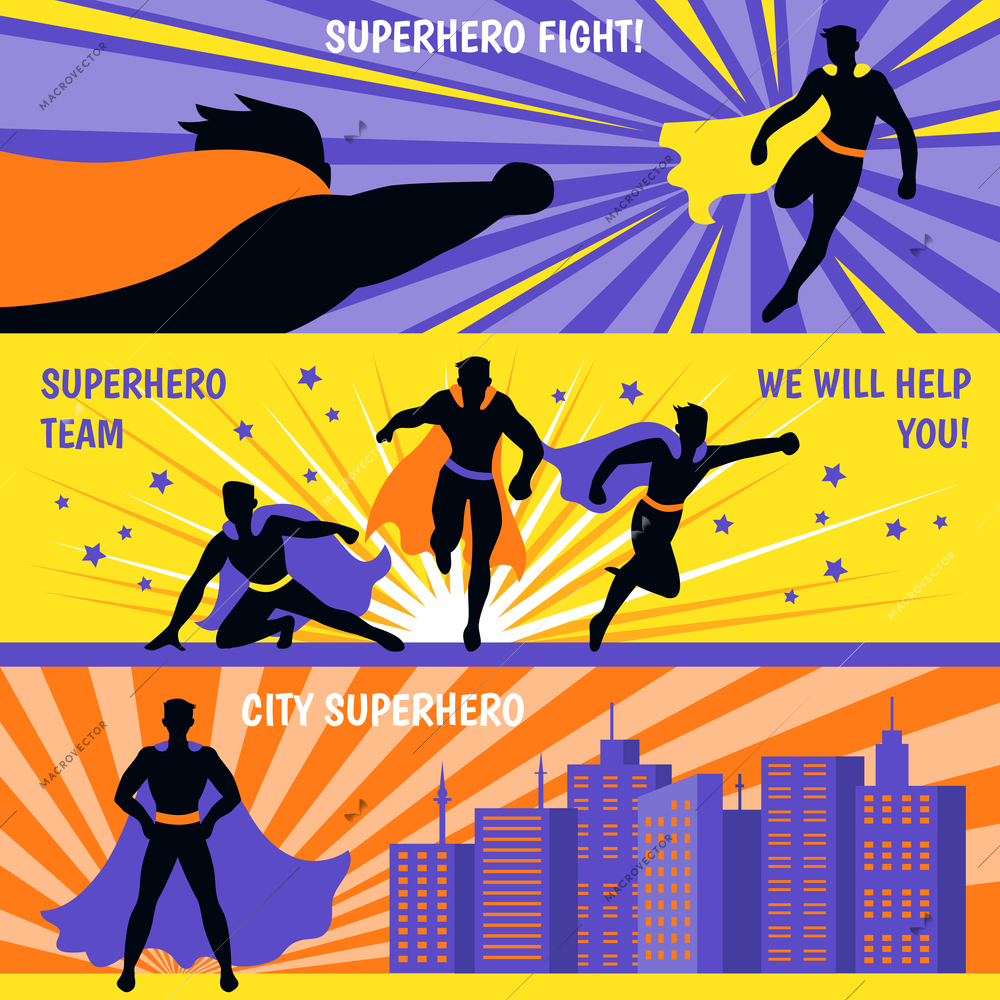 Superhero team horizontal banners set with cartoon characters flying to aid flat isolated vector illustration