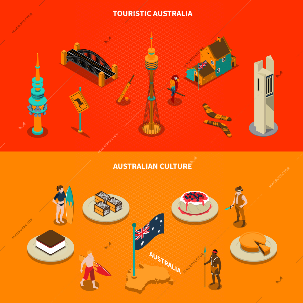 Australian culture landmarks and famous sights for tourists 2 isometric horizontal banners with dessert dishes isolated vector illustration