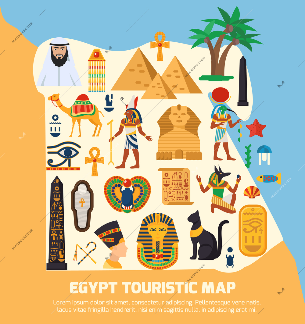 Egypt touristic map with national landmarks and sights symbols flat vector illustration