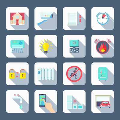 Smart house square shadow icons set with automation system symbols flat isolated vector illustration