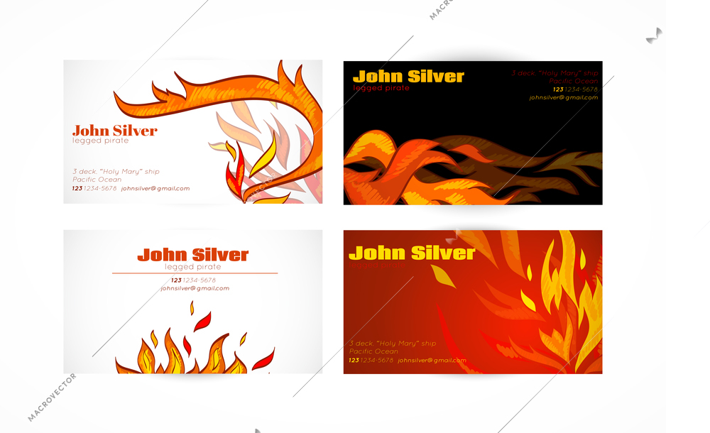 Fire flames hot warm paper business card set isolated vector illustration