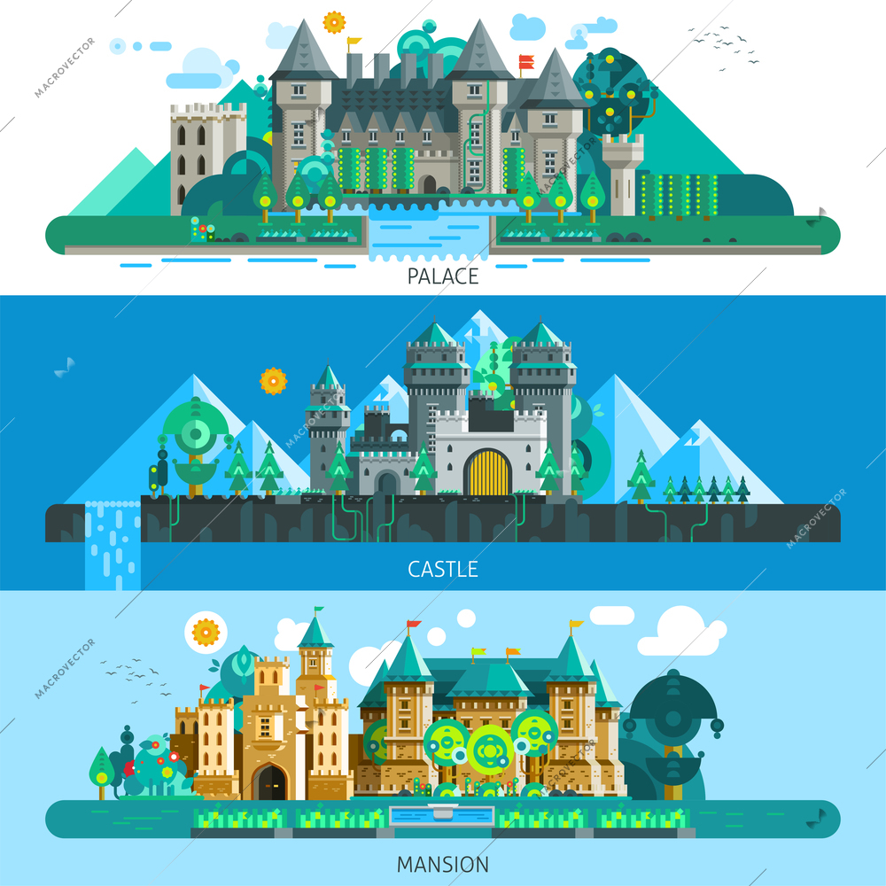 Antique castles horizontal banners with buildings of different architecture in flat style isolated vector illustration