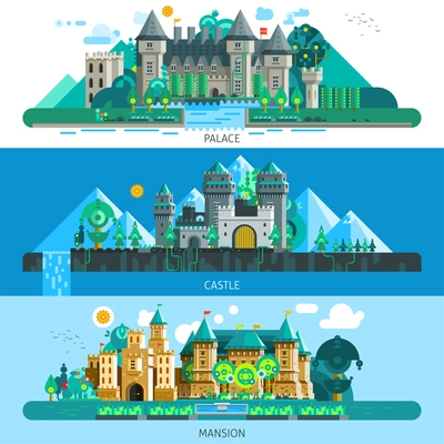 Antique castles horizontal banners with buildings of different architecture in flat style isolated vector illustration