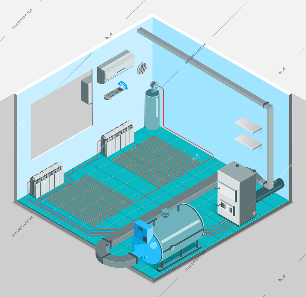 Heating cooling system interior isometric template with conditioner compressor heater boiler in flat style isolated vector illustration