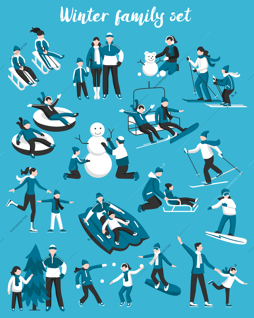 Collection of decorative icons in white and blue colors presenting family winter vacation flat vector illustration