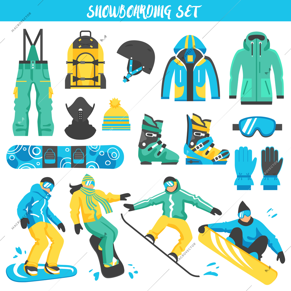 Collection of colored decorative icons with sports clothes accessories and equipment  for snowboarding isolated vector illustration