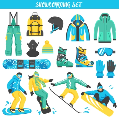 Collection of colored decorative icons with sports clothes accessories and equipment  for snowboarding isolated vector illustration