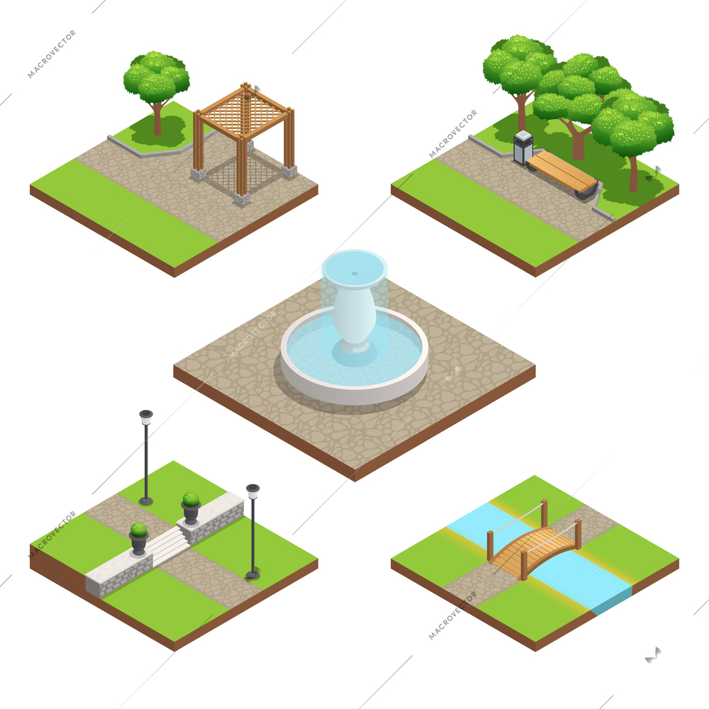 Isometric landscaping composition set with plants and wood and stone decoration elements for park or garden in summer isolated on white background vector illustration