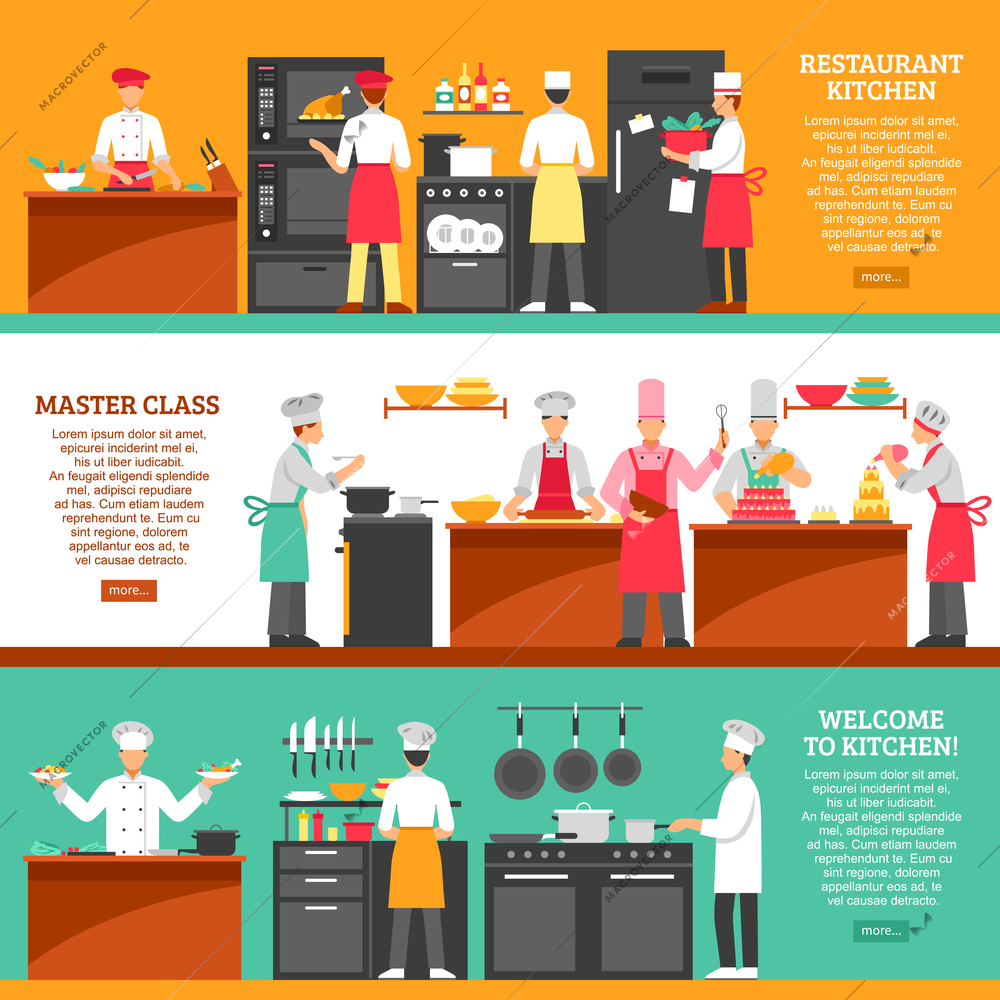 Professional cooking horizontal banners set with restaurant kitchen and master class compositions flat vector illustration