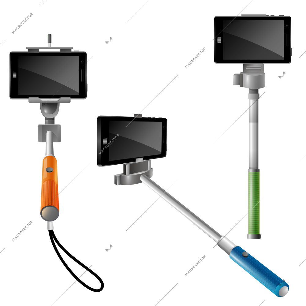 Three realistic monopods with phones for selfie set isolated on white background vector illustration