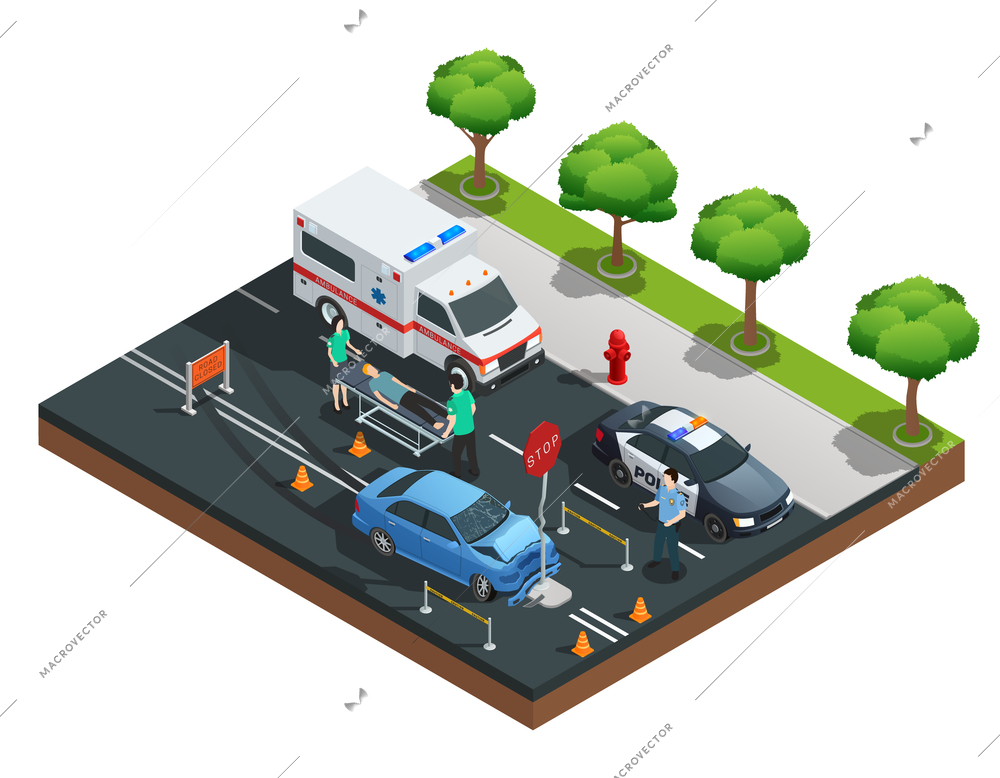 Isometric road accident composition with car bumped into traffic sign and injured driver on emergency stretcher vector illustration