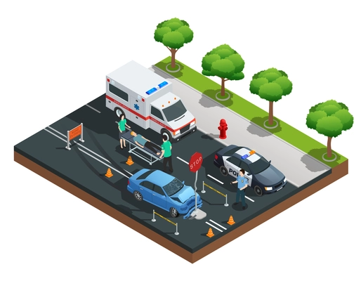 Isometric road accident composition with car bumped into traffic sign and injured driver on emergency stretcher vector illustration