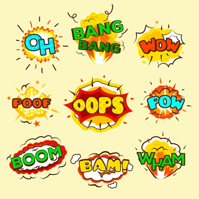 Comic explosion bubbles set on yellow background flat isolated vector illustration
