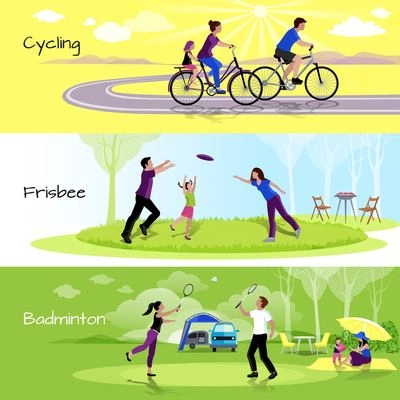 Active leisure people horizontal banners with sports events in spare time in flat style vector illustration