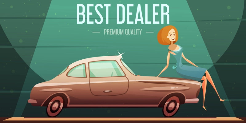 Best selling vintage cars dealer premium service low prices retro advertisement poster with girl cartoon vector illustration