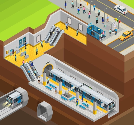 Underground isometric design composition with city station and trains vector illustration