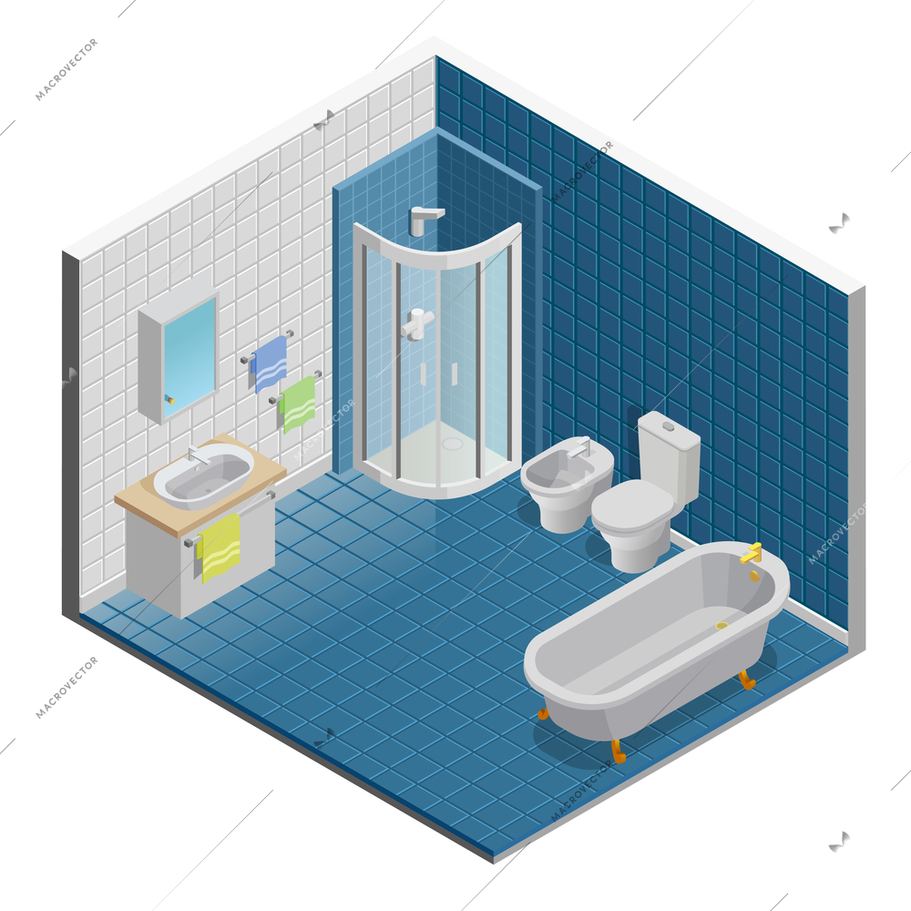 Bathroom interior isometric design with shower mirror and towels vector illustration