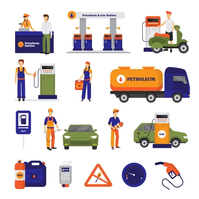 Gas and petrol station icons set with people flat isolated vector illustration