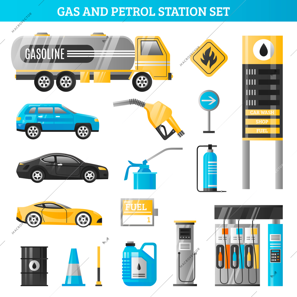Gas and petrol station decorative icons set with gasoline tanker fuel pump racks for car refuelling flat vector illustration
