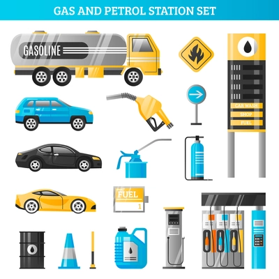 Gas and petrol station decorative icons set with gasoline tanker fuel pump racks for car refuelling flat vector illustration