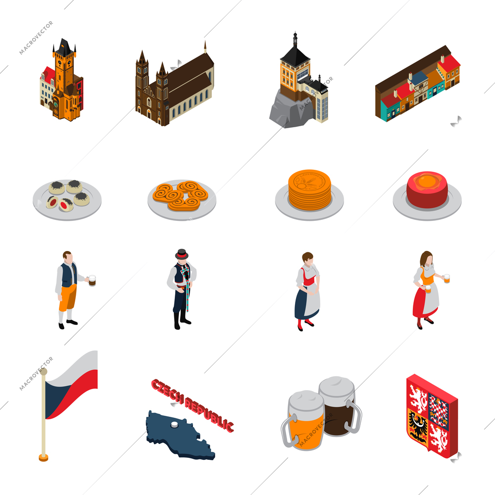 Czech republic national cultural symbols isometric icons collection with flag beer mugs and jewish quarter isolated vector illustration