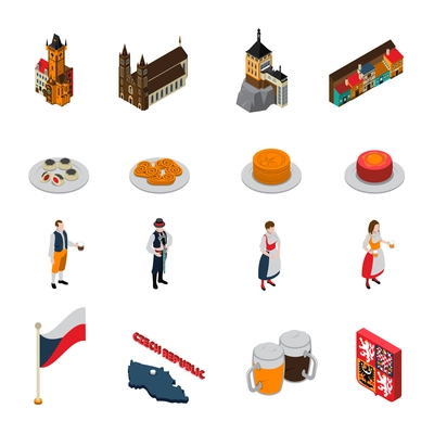 Czech republic national cultural symbols isometric icons collection with flag beer mugs and jewish quarter isolated vector illustration