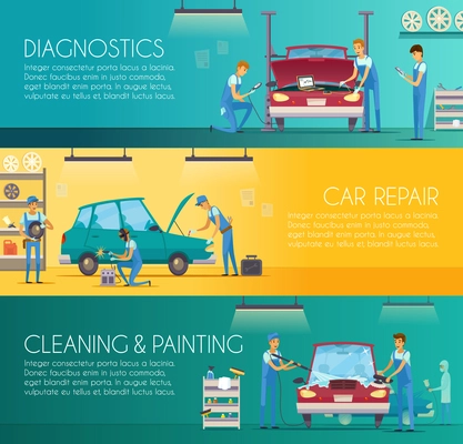 Car diagnostics repair maintenance and auto body painting services retro cartoon horizontal banners set isolated vector illustration