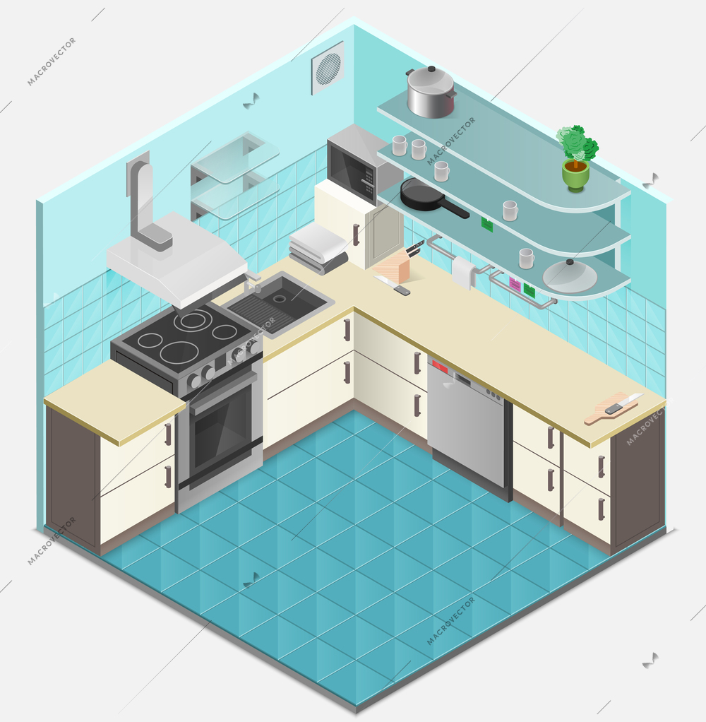 Kitchen interior isometric template with oven ventilation shelves table utensils sink in flat style isolated vector illustration