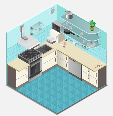 Kitchen interior isometric template with oven ventilation shelves table utensils sink in flat style isolated vector illustration