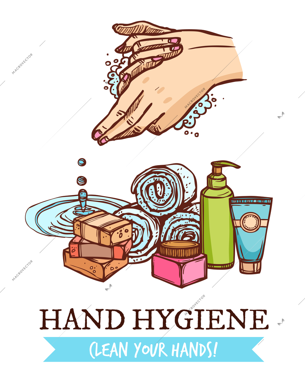 Colorful healthcare sketch poster with cosmetics for hand washing and hygiene on white background vector illustration