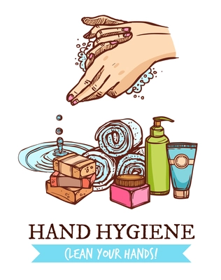 Colorful healthcare sketch poster with cosmetics for hand washing and hygiene on white background vector illustration