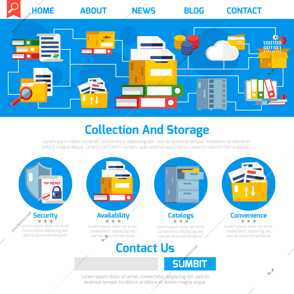 Archive page design with collection and storage symbols flat vector illustration