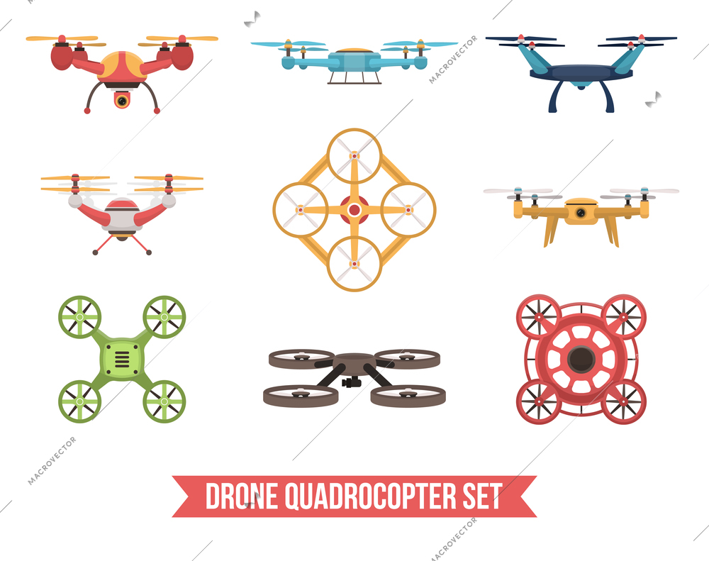 Flat set of flying colorful unmanned drone quadrocopters isolated on white background vector illustration