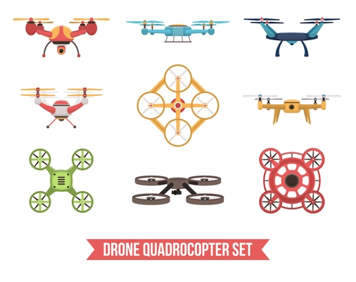 Flat set of flying colorful unmanned drone quadrocopters isolated on white background vector illustration