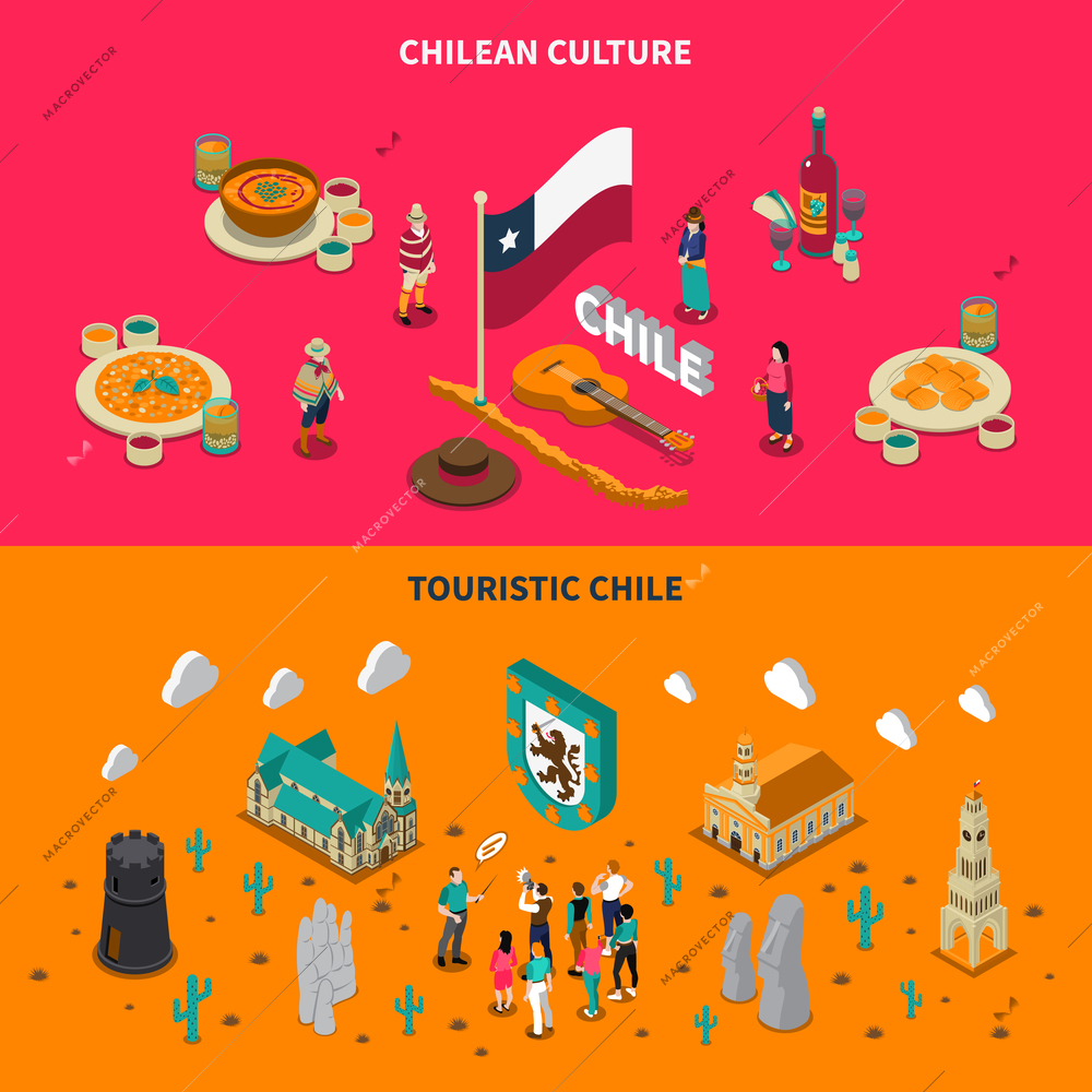 Chile top touristic attractions 2 isometric horizontal banners with national dishes and places of interest isolated vector illustration