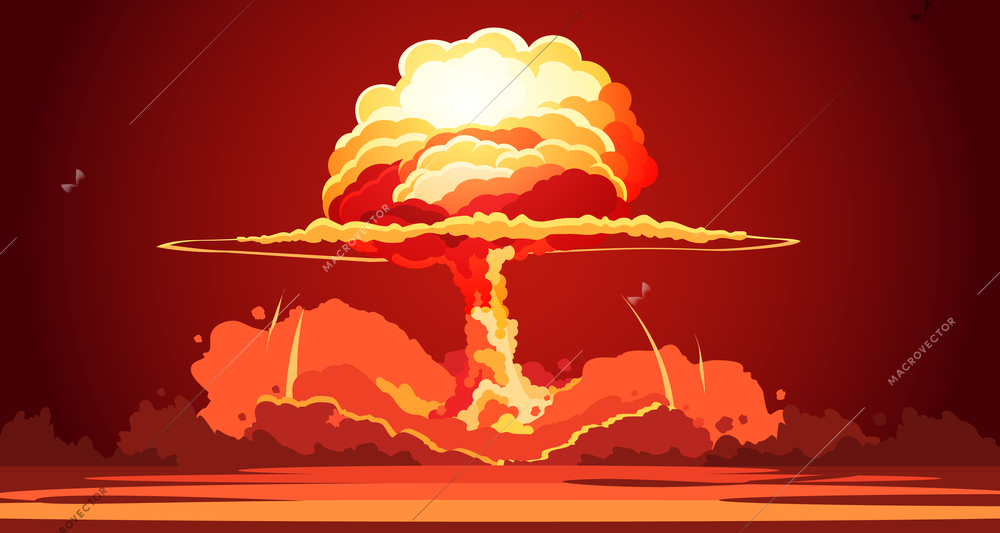 Nuclear explosion rising orange fireball of atomic mushroom cloud in desert weapon test retro cartoon poster vector illustration