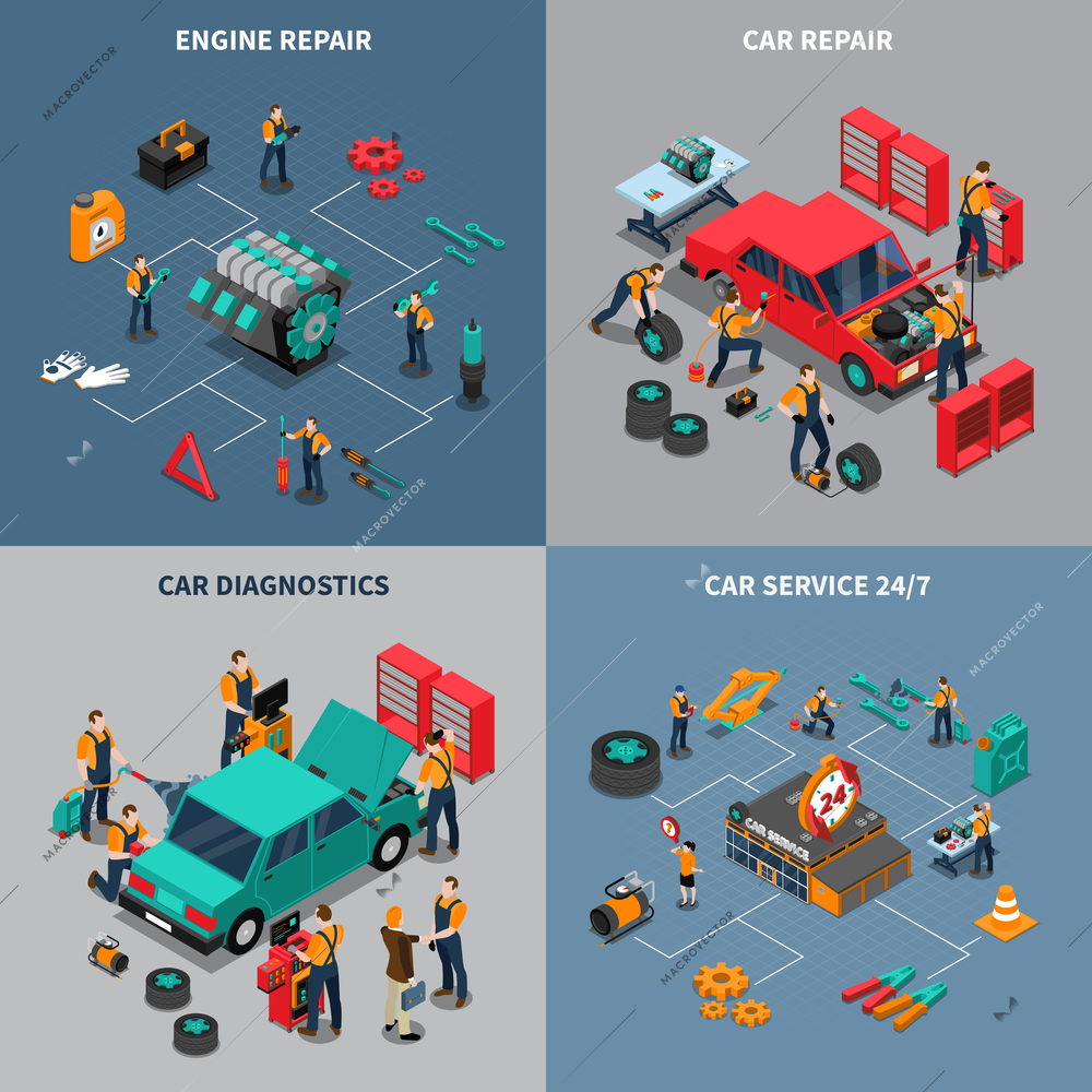 Auto service center 4 isometric icons square composition with diagnostic and car maintenance units isolated vector illustration