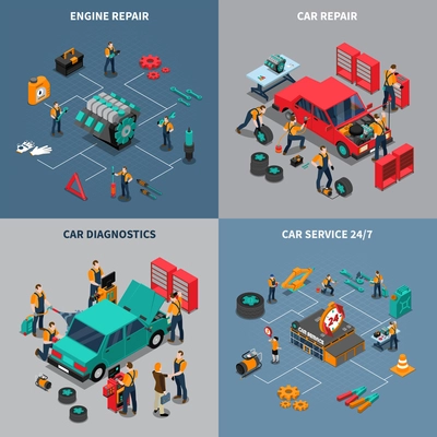 Auto service center 4 isometric icons square composition with diagnostic and car maintenance units isolated vector illustration