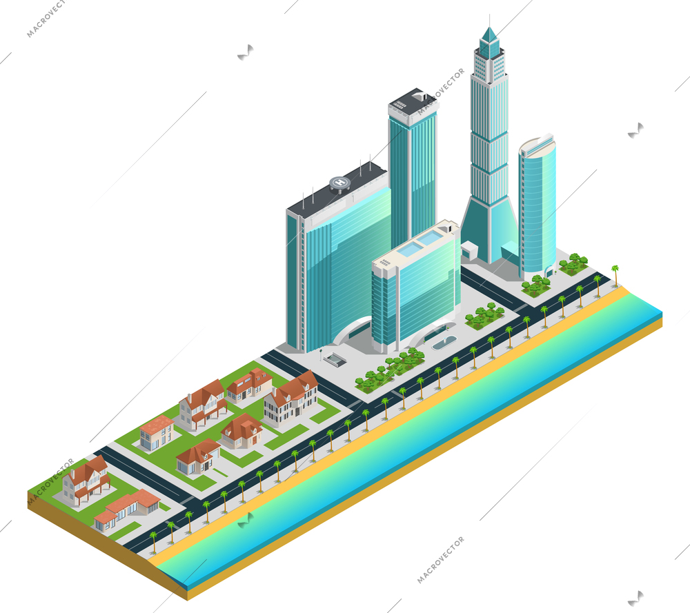 Isometric composition with modern skyscrapers many-storeyed and suburban houses on sea coast vector illustration