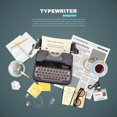 Flat background with journalist typewriter and different tools and objects for work and break vector illustration