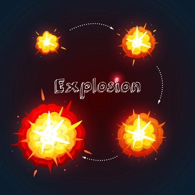 Explosion cartoon design set with process of explosion on dark background vector illustration