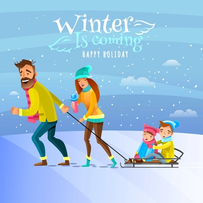 Happy family spending winter heason holidays outside and tobogganing with kids cartoon vector illustration