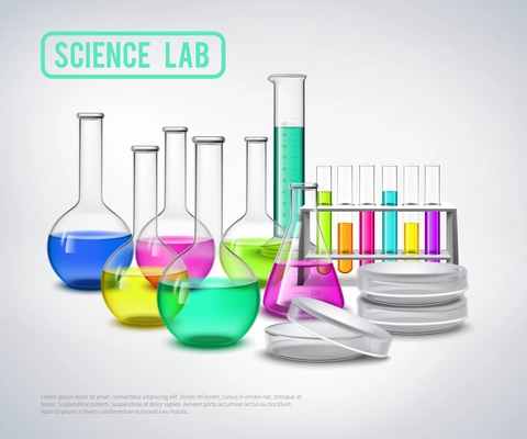 Laboratory bottles composition with color liquids in jars realistic glass tubes flat vector illustration