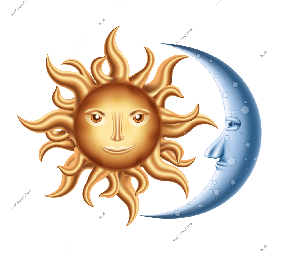 Vector decorative Golden Sun with Blue Moon isolated on white