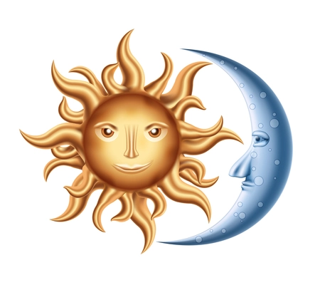 Vector decorative Golden Sun with Blue Moon isolated on white