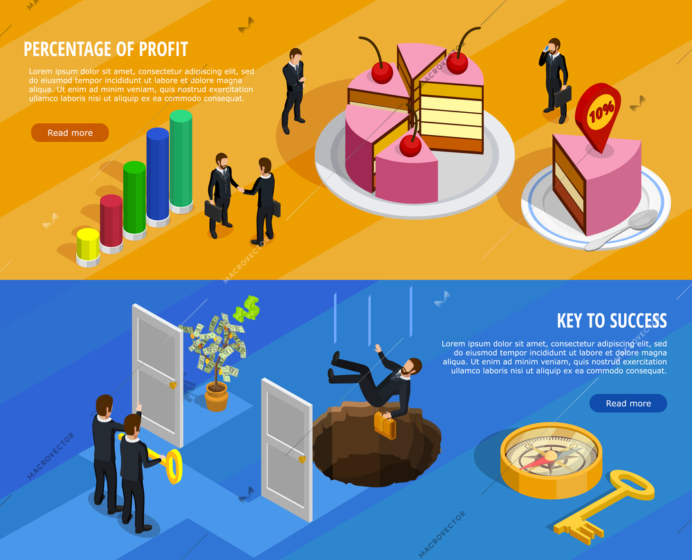 Business development isometric horizontal banners with goal setting and analysis of result and means of achieving vector illustration