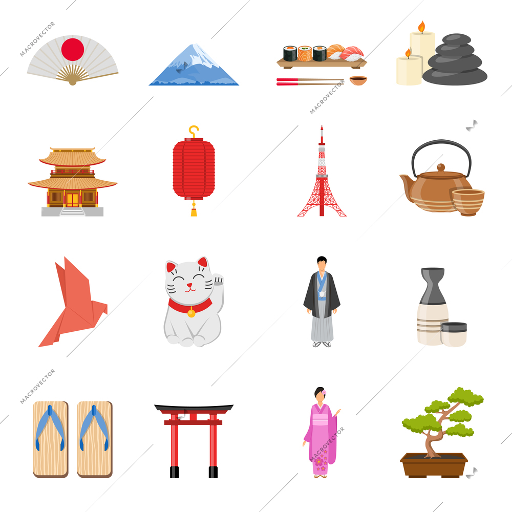 Japanese culture traditions  and national symbols flat icons collection with tea ceremony and kimono isolated vector illustration