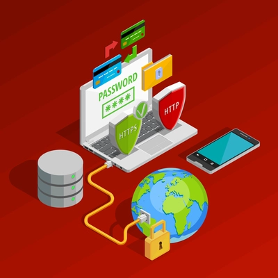 Data protection concept composition with computer security symbols isometric vector illustration