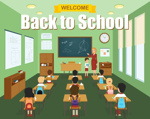 School classroom template with children at the desks and teacher at the blackboard vector illustration