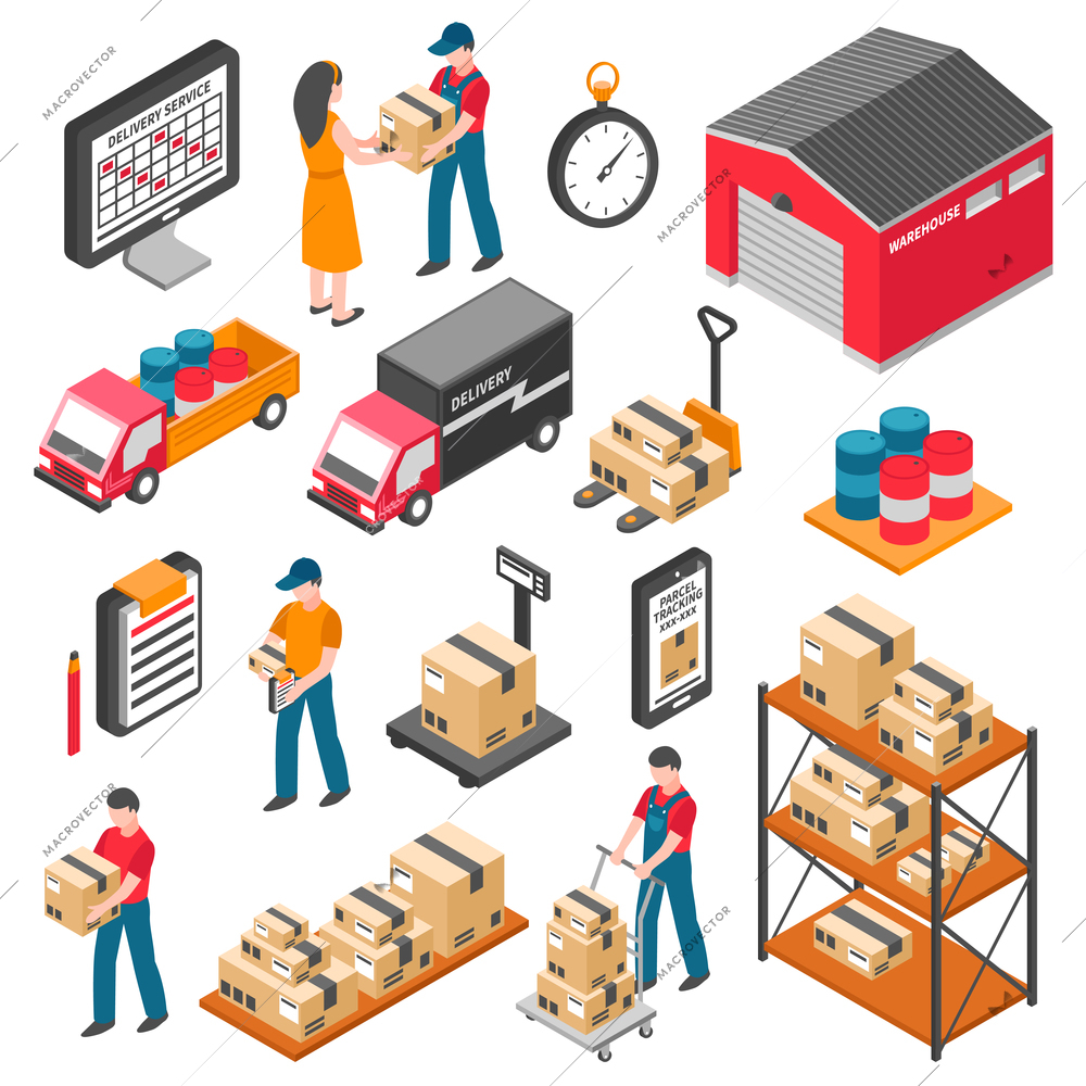 Logistics and delivery isometric icons set with warehouse workers boxes forklifts and cargo transport vector illustration